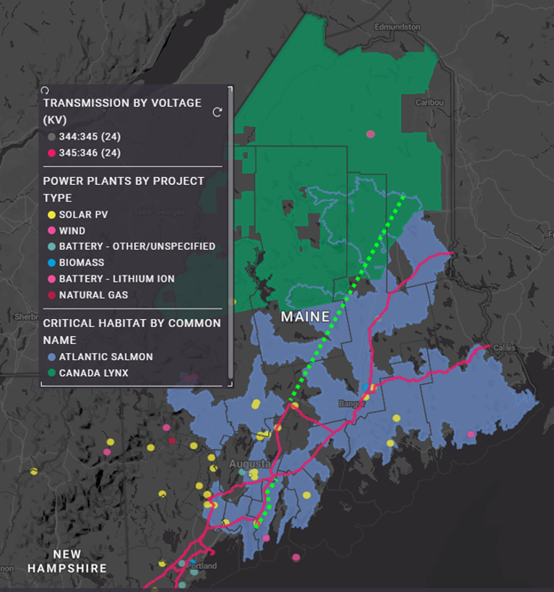 Enverus Blog New Hampshire map showing transmission by voltage, power plants by project type and critical habitat by common name