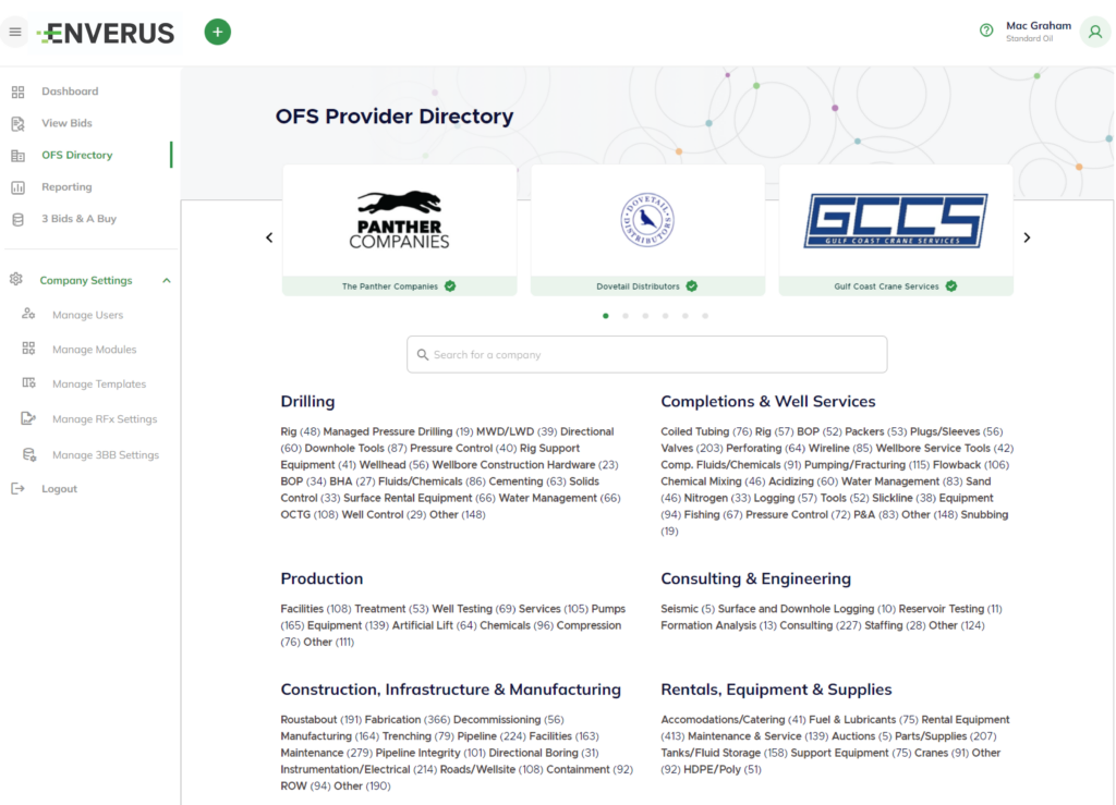 Computer screen displaying the Enverus RFx interface for the OFS supplier directory, featuring a search bar and suppliers organized according to drilling, completions, production and engineering.