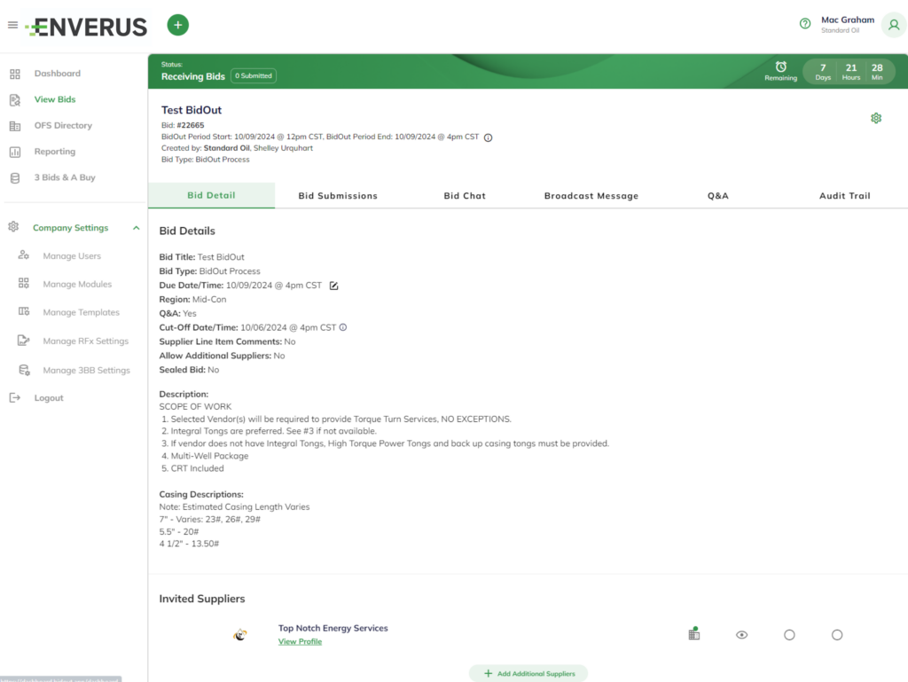 Computer screen displaying the Enverus RFx interface for bid management, featuring tabs focusing on supplier invitations, internal team members, line items and attachments.